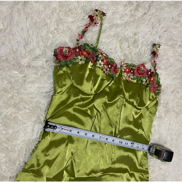 NWT lime satin flower chain strap chartreuse mini bustier embroidered slip dress - Picture 8 of 13